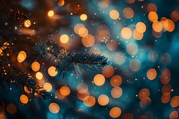 Festive Holiday Lights and Pine Branches in a Bokeh Wonderland