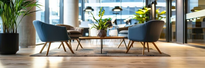 Aufkleber - Minimalistic office space with sleek chairs and potted plants. Perfect for professional settings and modern business environments. Ideal for corporate aesthetics and interior design concepts