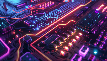 Wall Mural - A neon-lit circuit board with glowing lines and intricate patterns, symbolizing the complex technology behind artificial intelligence in high definition.