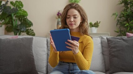 Wall Mural - Young attractive woman in a cozy home living room, using a blue tablet while holding a credit card.