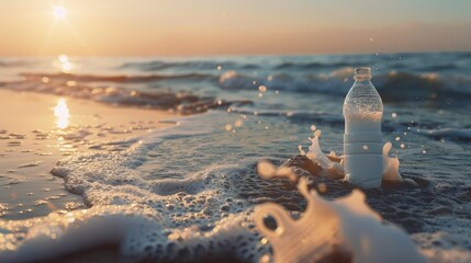 Wall Mural - Plastic milk bottle and waves on beach Environmental pollution concept