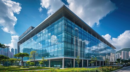 Wall Mural - Modern Glass Building with Blue Sky and Clouds