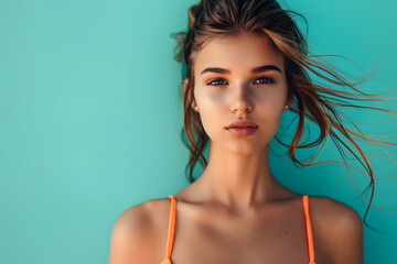 Wall Mural - A high-quality image of a model in a trendy swimsuit, with a solid turquoise background evoking a beach atmosphere