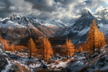 Wall Mural - Golden larch trees and snow dusted peaks in breathtaking autumn mountain panorama