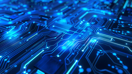 Wall Mural - Abstract blue circuit board background with glowing elements, representing technology and digital marketing in the world of artificial intelligence.