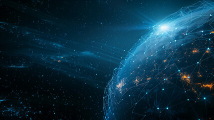 Wall Mural - abstract blue planet earth with glowing light connection lines on a dark background, representing a 