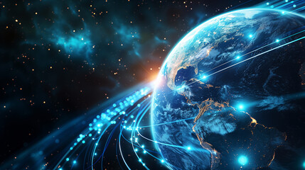 Wall Mural - abstract blue planet earth with glowing light connection lines on a dark background, representing a 