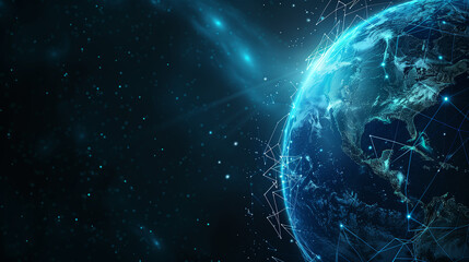 Wall Mural - abstract blue planet earth with glowing light connection lines on a dark background, representing a 