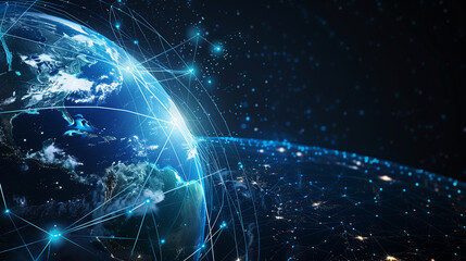Wall Mural - abstract blue planet earth with glowing light connection lines on a dark background, representing a 