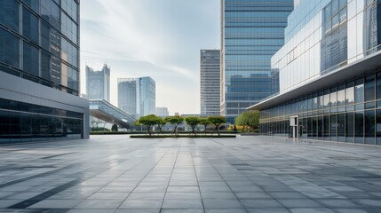 Wall Mural - Modern business plaza with sleek buildings and greenery. Contemporary urban environment ideal for corporate settings and professional backgrounds