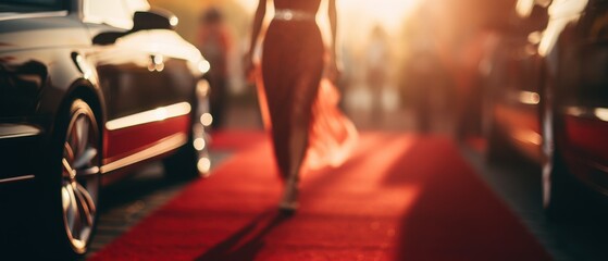 Wall Mural - Woman arriving with limousine walking red carpet