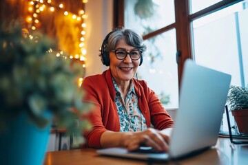 Sixty year old female teacher wearing headphones having online class via video chat on laptop computer. She is sitting on a wooden modern desk at home. Smiling and enjoying, Generative AI