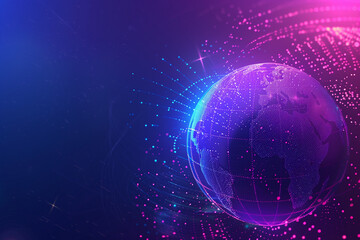 Wall Mural - digital technology background with digital globe, blue and purple colors, glowing dots in the form o