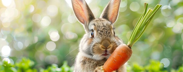 Wall Mural - Rabbit holding a carrot in garden, close-up. Adorable animal and nature concept