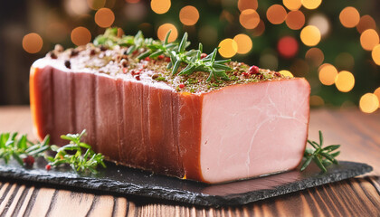 Wall Mural - Succulent block of ham seasoned with blend of aromatic spices. Delicious meat. Tasty food. Close-up.