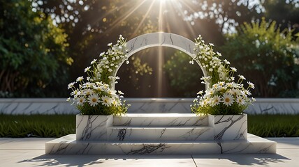 A white marble bench decorated with two bouquets of white daisies, set in a peaceful garden with sunlight streaming through, conveying a sense of calm