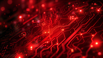 Wall Mural - red digital background with circuit board patterns and glowing lights, creating an energetic tech-in