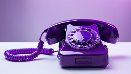 Wall Mural - Purple retro rotary telephone handset on purple background; old communication technology, notification and information concept
