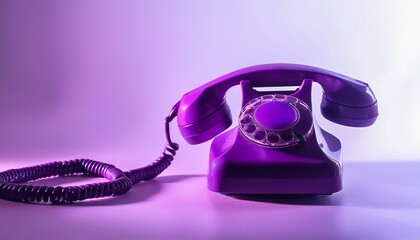 Purple retro rotary telephone handset on purple background; old communication technology, notification and information concept
