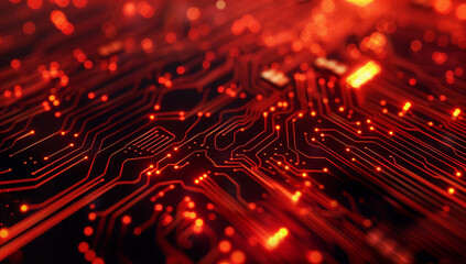 Wall Mural - red digital background with circuit board patterns and glowing lights, creating an energetic tech-in
