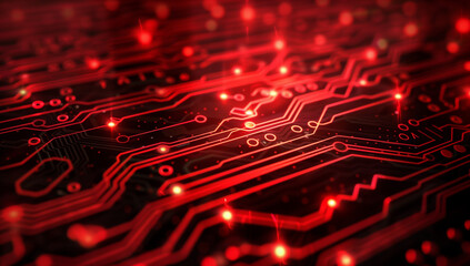 Wall Mural - red digital background with circuit board patterns and glowing lights, creating an energetic tech-in