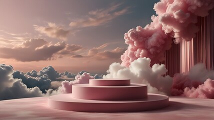 Wall Mural - A landscape with pink clouds and a pastel sky, featuring a central circular platform with two tiers, resembling a stage or pedestal, set against a backdrop of vertical cloud formations 