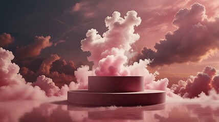 Wall Mural - A surreal scene with clouds on a platform against a dreamy pink sky, combining fantasy with reality