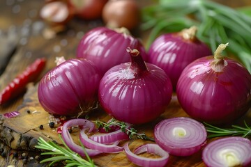 Wall Mural - Fresh Red Onions with Herbs and Spices on a Wooden Cutting Board