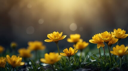 Wall Mural - Close-up of bright yellow flowers, in soft sunlight, creating a peaceful atmosphere