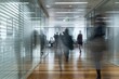 © SKIMP Art - motion of people walking in and out through an office with glass walls, creating blurred images of moving figures Generative AI