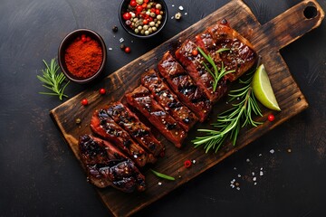 Wall Mural - Grilled Steak Slices with Fresh Herbs and Spices on a Wooden Board