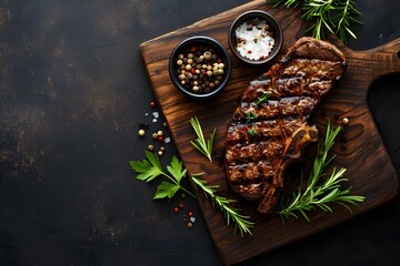 Wall Mural - Grilled Steak with Fresh Herbs and Seasonings on a Wooden Board