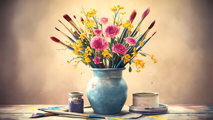 Poster - A modern vase with paint brushes and flowers outline model.