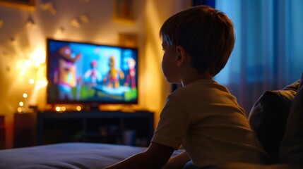 A cute little boy or kid or toddler is sitting on the couch or sofa in the living room and watching cartoons or movie or educational show or program on TV. Children entertainment and fun childhood