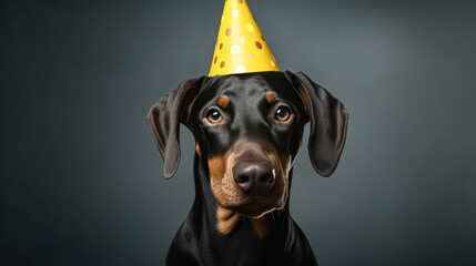 Wall Mural - A doberman wearing a yellow party hat