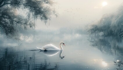 Sticker - Serene Swan in a Misty Morning