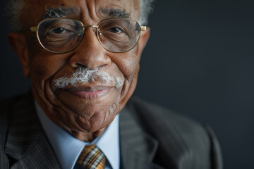 Canvas Print - Close-up portrait of a senior man of African descent, studio photo, against a sleek gray studio backdrop