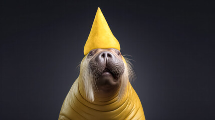 Wall Mural - A yellow sea lion with a yellow hat on its head.