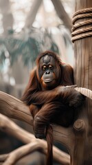 Wall Mural - An orangutan rests its head on a wooden branch at the zoo, seemingly relaxed and content