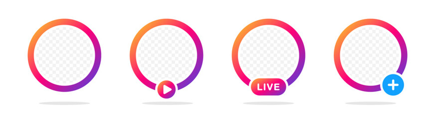 Social media story. live stream, new story badge vector set. Stories badges and live buttons. Circle frame for profile picture. Stories in social networks. Avatar frame