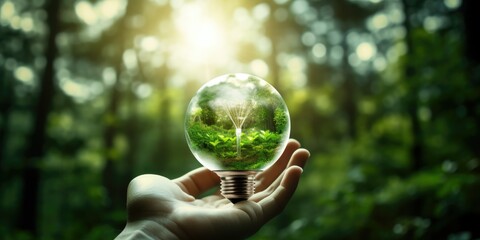 Hand holding light bulb against nature on green forest with icons energy sources for renewable, sustainable development