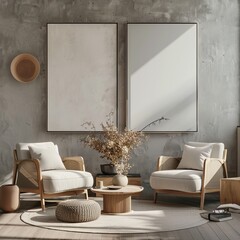 A rustic modern interior featuring two blank posters, exuding a warm, inviting abstract backdrop suited for a best-seller wallpaper