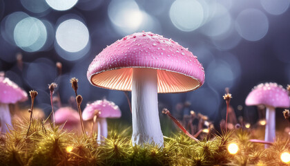 Wall Mural - Abstract fantasy pink mushroom illustration of mushroom in forest. Nature mystic glowing fungus