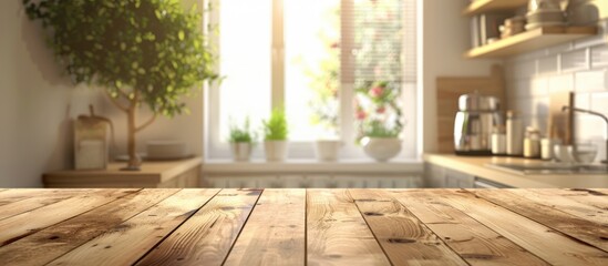 Wall Mural - Blurred home background with a wooden desk area in the kitchen interior