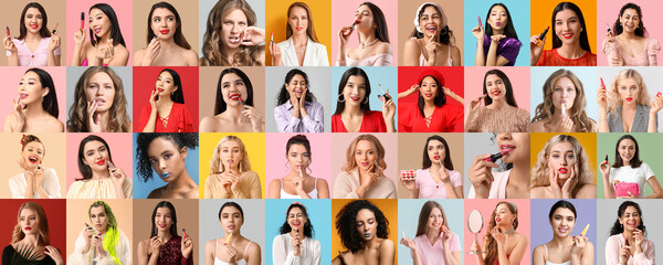 Wall Mural - Big collection of attractive young women with lipsticks on color background