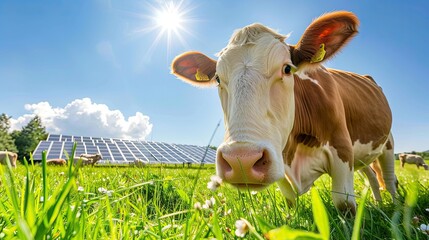 Wall Mural - Cow grazing in field with solar panels in background symbolizing green energy