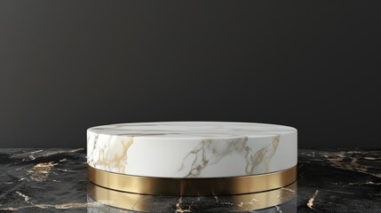 Sticker - Marble podium with gold on black background for product display in creative mock up