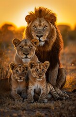 A majestic lion family, including the father and mother with their cubs, sitting together on an AI-generated African savannah at sunset