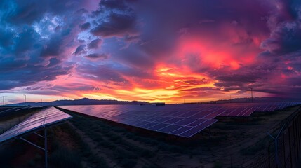 Wall Mural - Solar panel farm at sunset, panoramic view of renewable energy source with vibrant clouds. Concept of sustainability, clean energy, and environmentalism.