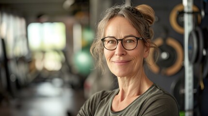 A woman with graying hair and a warm smile, wearing glasses, stands in a fitness studio with gym equipment in the background
